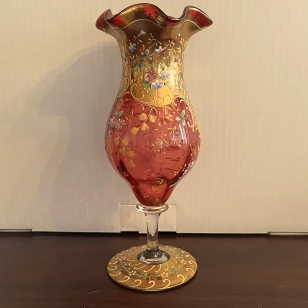 Antique Cranberry Gold Gilded Glass Vase Enamel Flowers Trumpet Vase Crystal Art